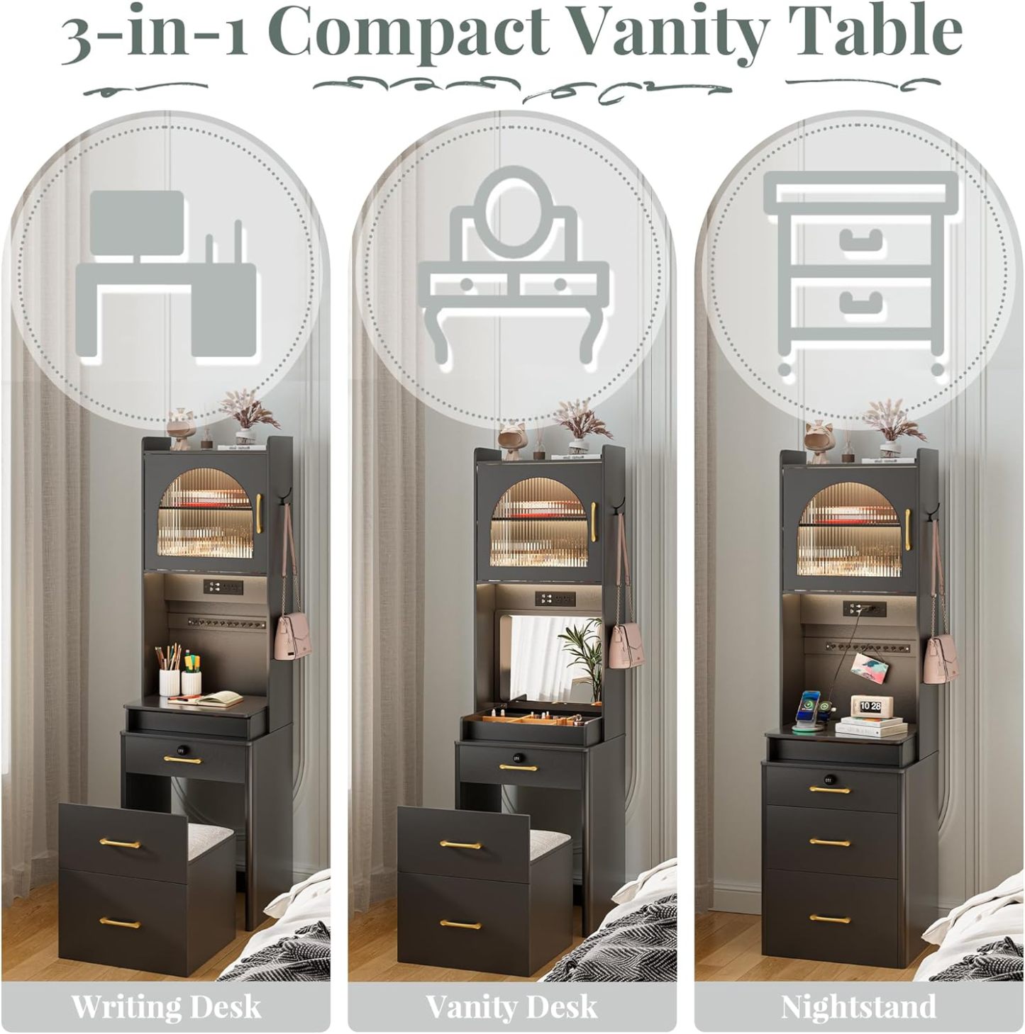 KAMABOKO 3 in 1 Vanity Desk with Mirror and LED Lights, Tall Makeup Vanity Set, Human Sensor Led Light, Charging Station & Chair, Strong Storage, Multi-Function, for Bedroom (Black)