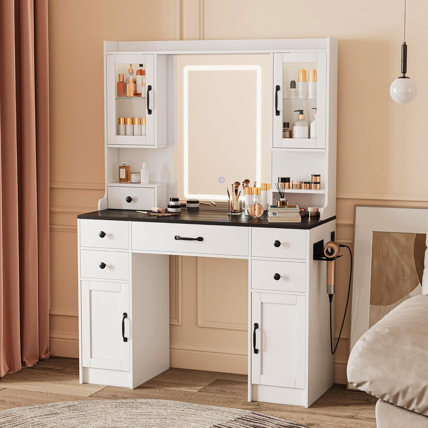 KAMABOKO 3 in 1 Vanity Desk with Mirror and LED Lights, Tall Makeup Vanity Set, Human Sensor Led Light, Charging Station & Chair, Strong Storage, Multi-Function, for Bedroom (Black)