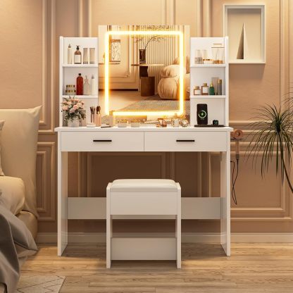 KAMABOKO 3 in 1 Vanity Desk with Mirror and LED Lights, Tall Makeup Vanity Set, Human Sensor Led Light, Charging Station & Chair, Strong Storage, Multi-Function, for Bedroom (Black)