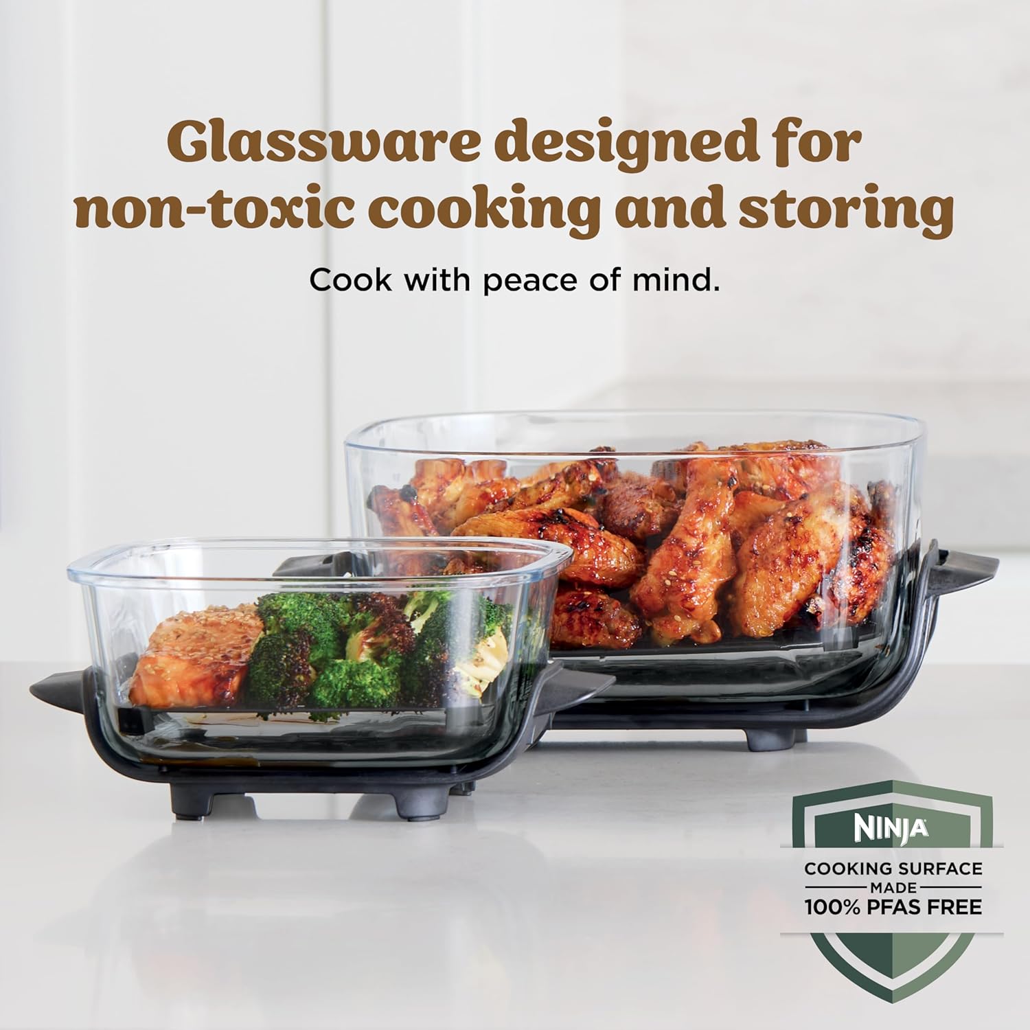 nthtinja Crispi 4-in-1 Portable Glass Air Fryer Cooking System, 1500W, 4QT & 6-Cup TempWare Glass Containers with Storage Lids, Microwave, Freezer & Dishwasher Safe, Cyberspace Gray, FN101GY