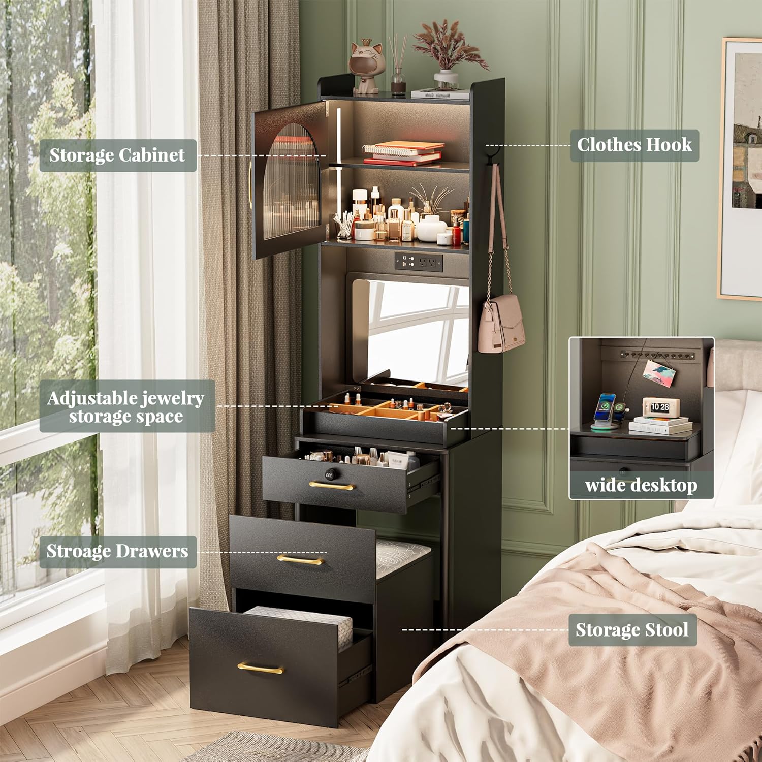 KAMABOKO 3 in 1 Vanity Desk with Mirror and LED Lights, Tall Makeup Vanity Set, Human Sensor Led Light, Charging Station & Chair, Strong Storage, Multi-Function, for Bedroom (Black)