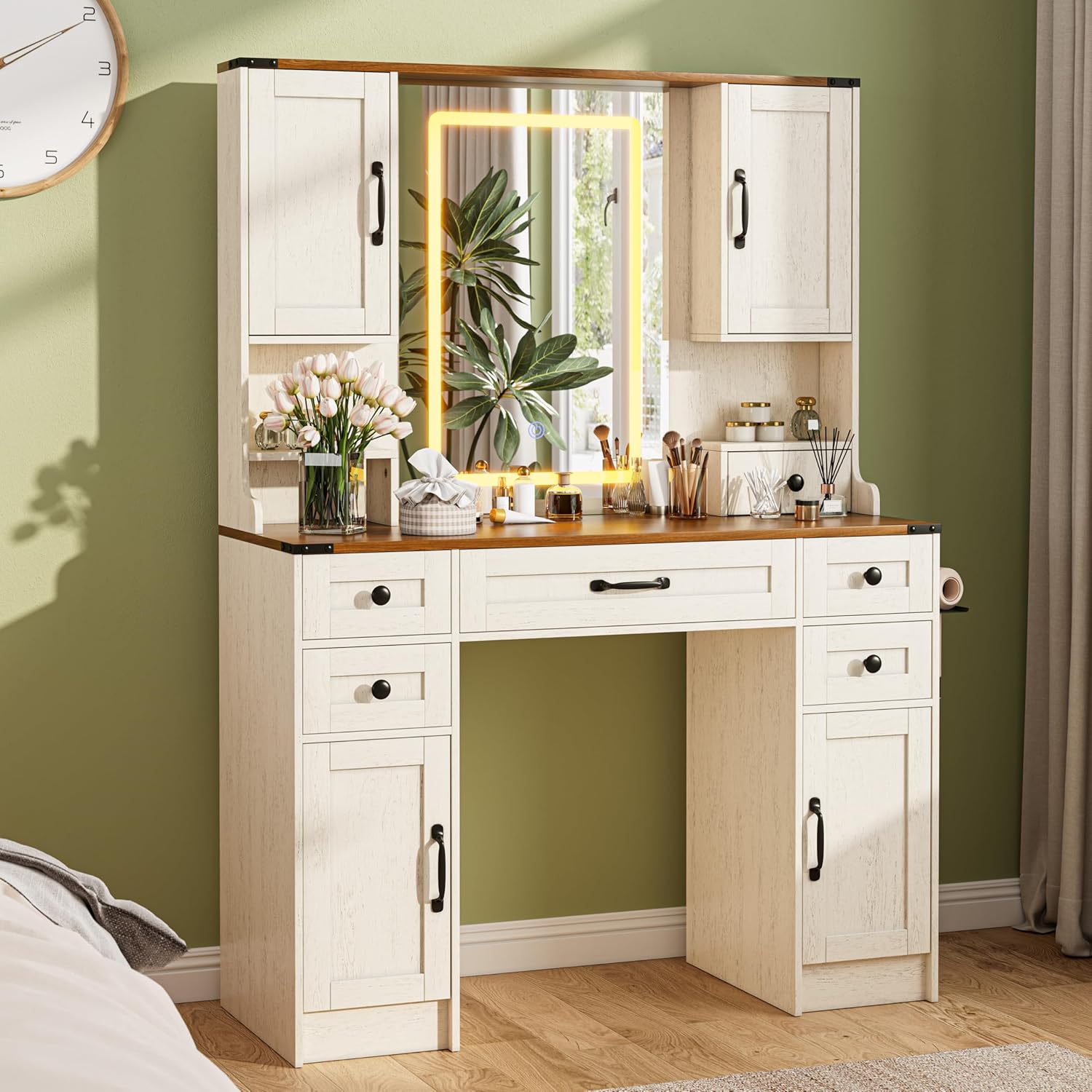 KAMABOKO 3 in 1 Vanity Desk with Mirror and LED Lights, Tall Makeup Vanity Set, Human Sensor Led Light, Charging Station & Chair, Strong Storage, Multi-Function, for Bedroom (Black)