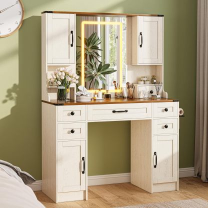 KAMABOKO 3 in 1 Vanity Desk with Mirror and LED Lights, Tall Makeup Vanity Set, Human Sensor Led Light, Charging Station & Chair, Strong Storage, Multi-Function, for Bedroom (Black)