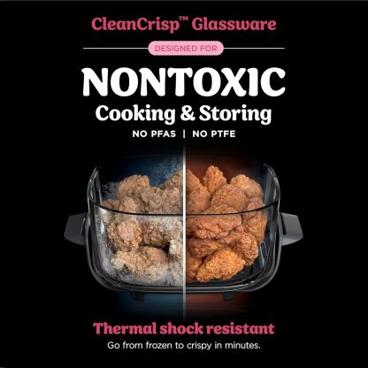 nthtinja Crispi 4-in-1 Portable Glass Air Fryer Cooking System, 1500W, 4QT & 6-Cup TempWare Glass Containers with Storage Lids, Microwave, Freezer & Dishwasher Safe, Cyberspace Gray, FN101GY