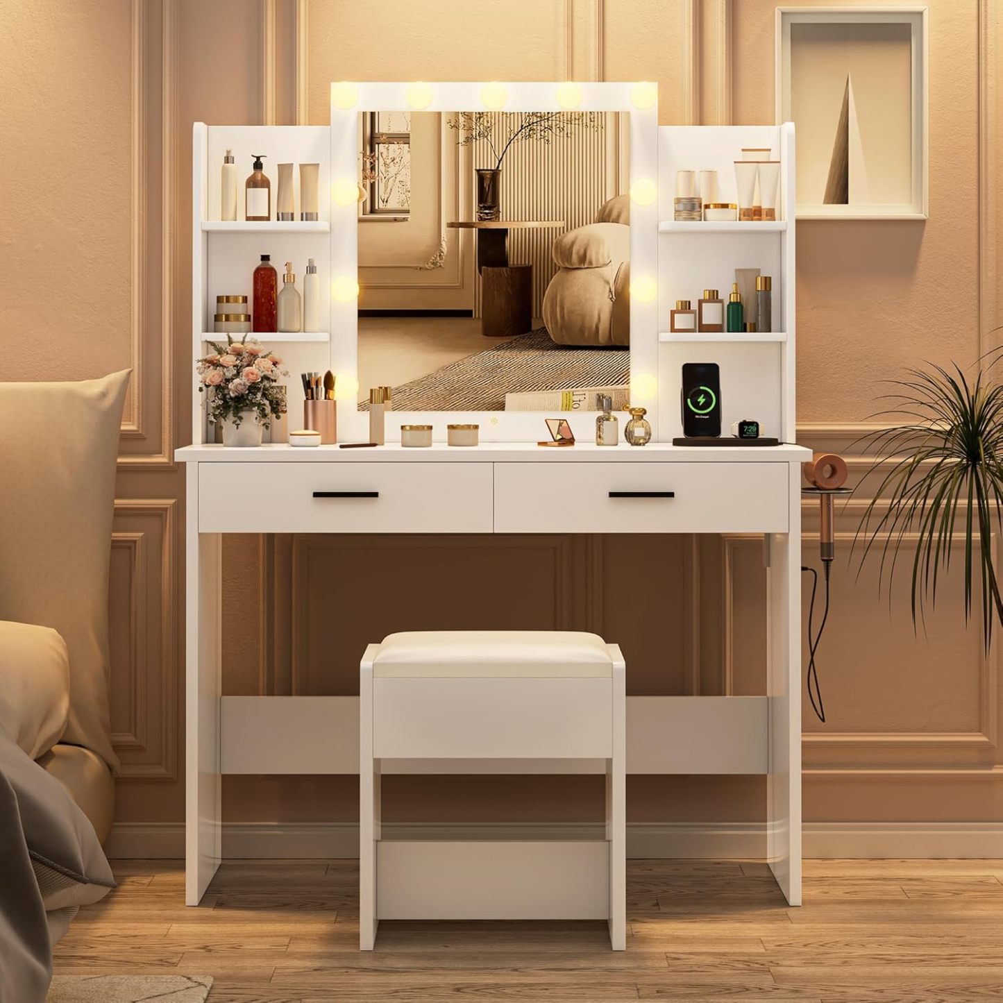 KAMABOKO 3 in 1 Vanity Desk with Mirror and LED Lights, Tall Makeup Vanity Set, Human Sensor Led Light, Charging Station & Chair, Strong Storage, Multi-Function, for Bedroom (Black)