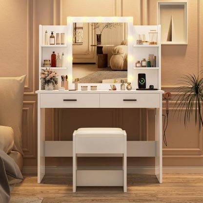 KAMABOKO 3 in 1 Vanity Desk with Mirror and LED Lights, Tall Makeup Vanity Set, Human Sensor Led Light, Charging Station & Chair, Strong Storage, Multi-Function, for Bedroom (Black)