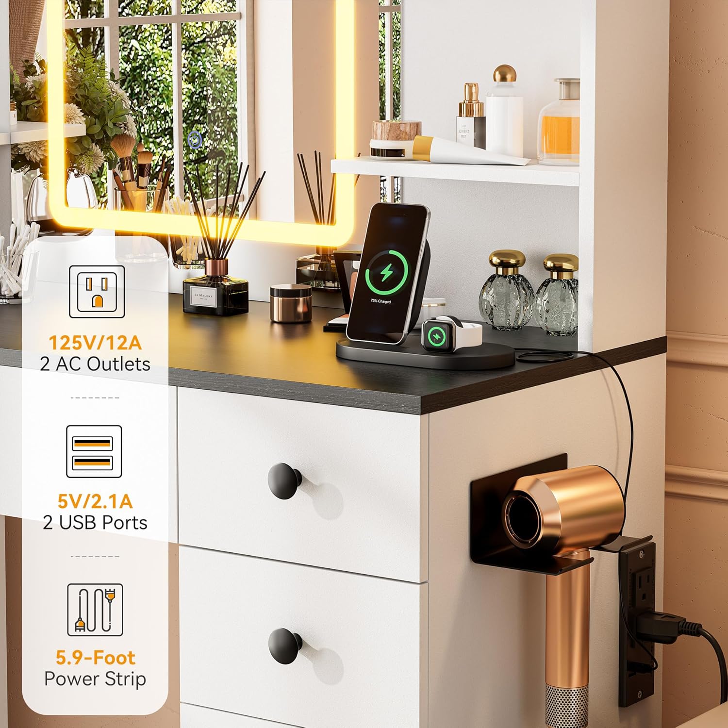 KAMABOKO 3 in 1 Vanity Desk with Mirror and LED Lights, Tall Makeup Vanity Set, Human Sensor Led Light, Charging Station & Chair, Strong Storage, Multi-Function, for Bedroom (Black)