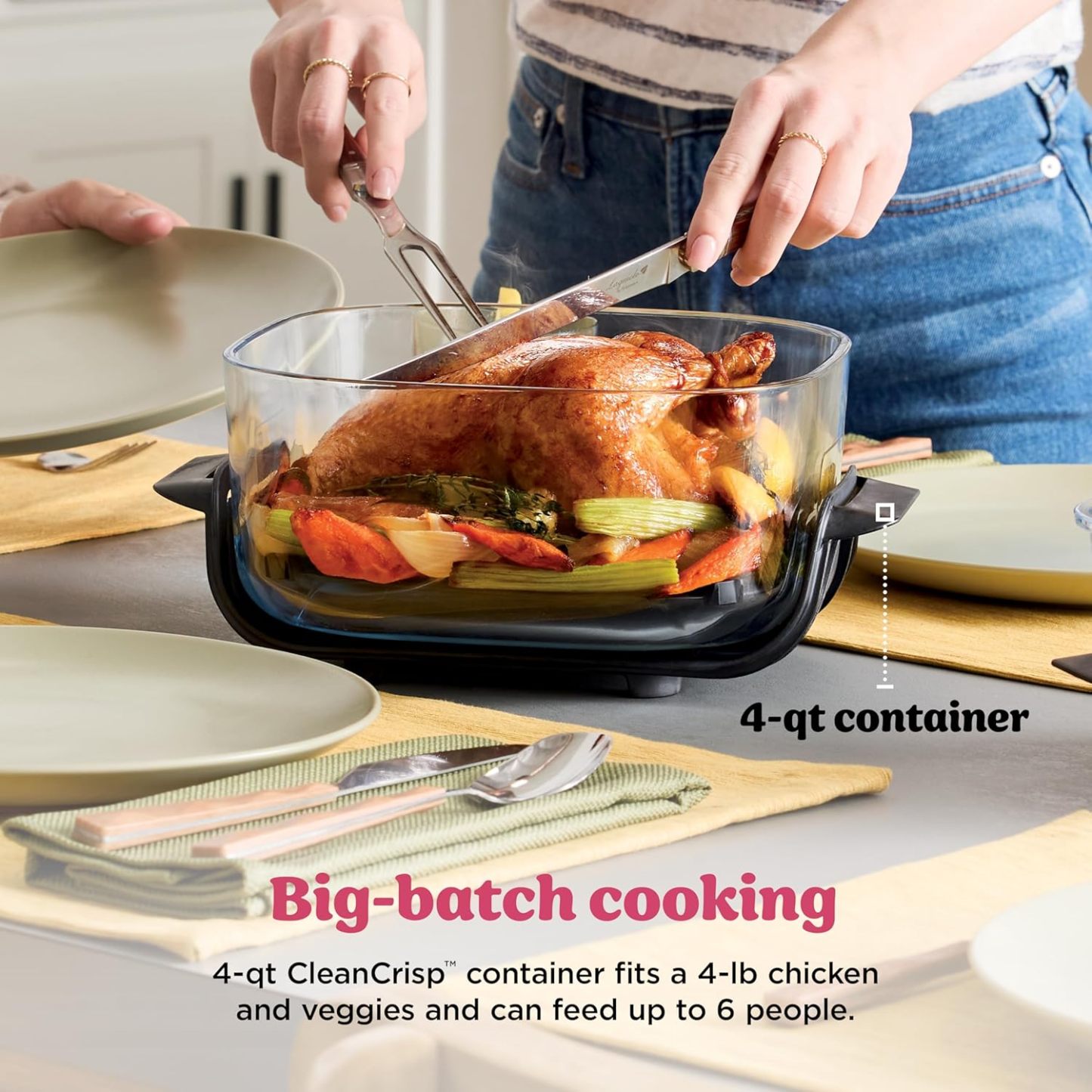 nthtinja Crispi 4-in-1 Portable Glass Air Fryer Cooking System, 1500W, 4QT & 6-Cup TempWare Glass Containers with Storage Lids, Microwave, Freezer & Dishwasher Safe, Cyberspace Gray, FN101GY