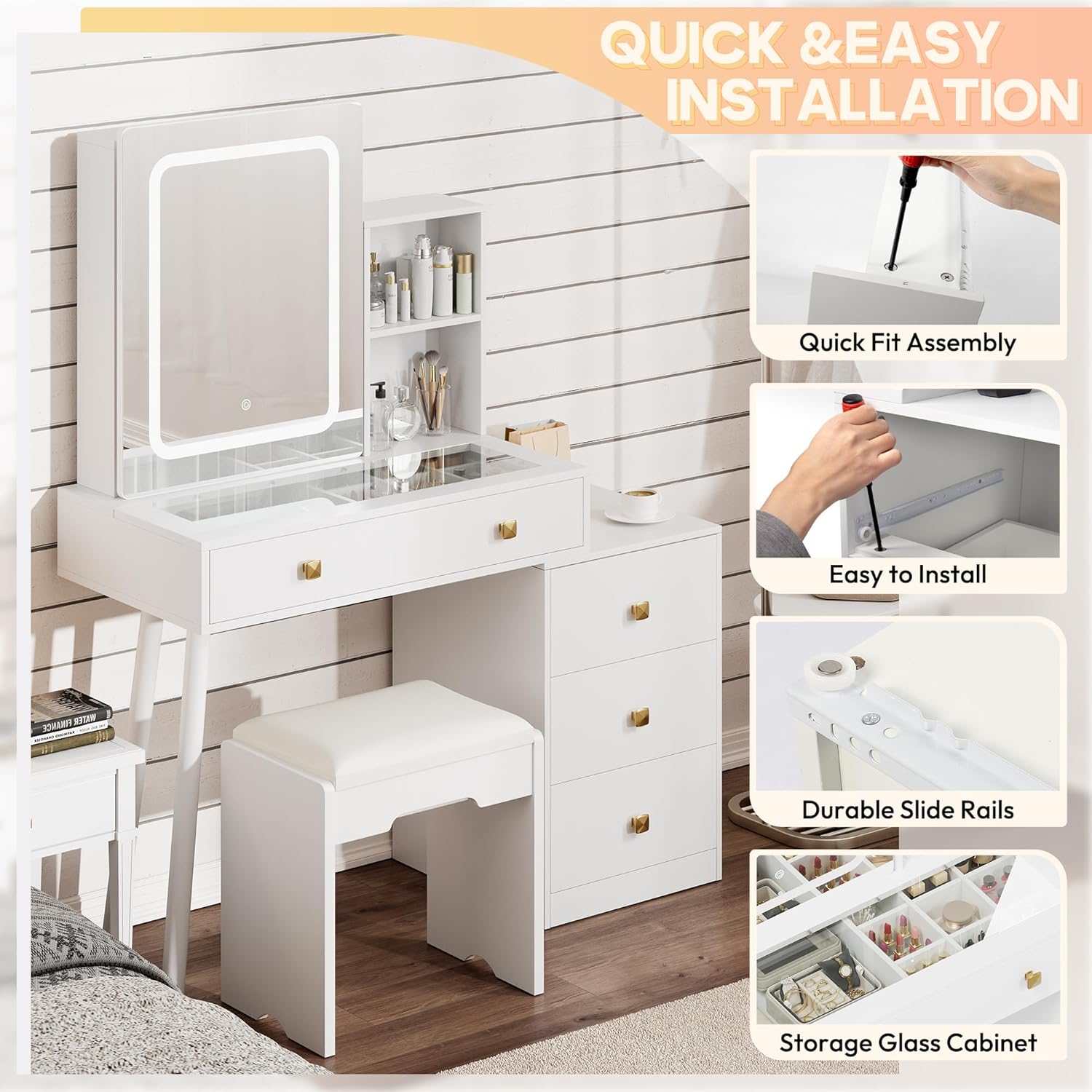 KAMABOKO 3 in 1 Vanity Desk with Mirror and LED Lights, Tall Makeup Vanity Set, Human Sensor Led Light, Charging Station & Chair, Strong Storage, Multi-Function, for Bedroom (Black)