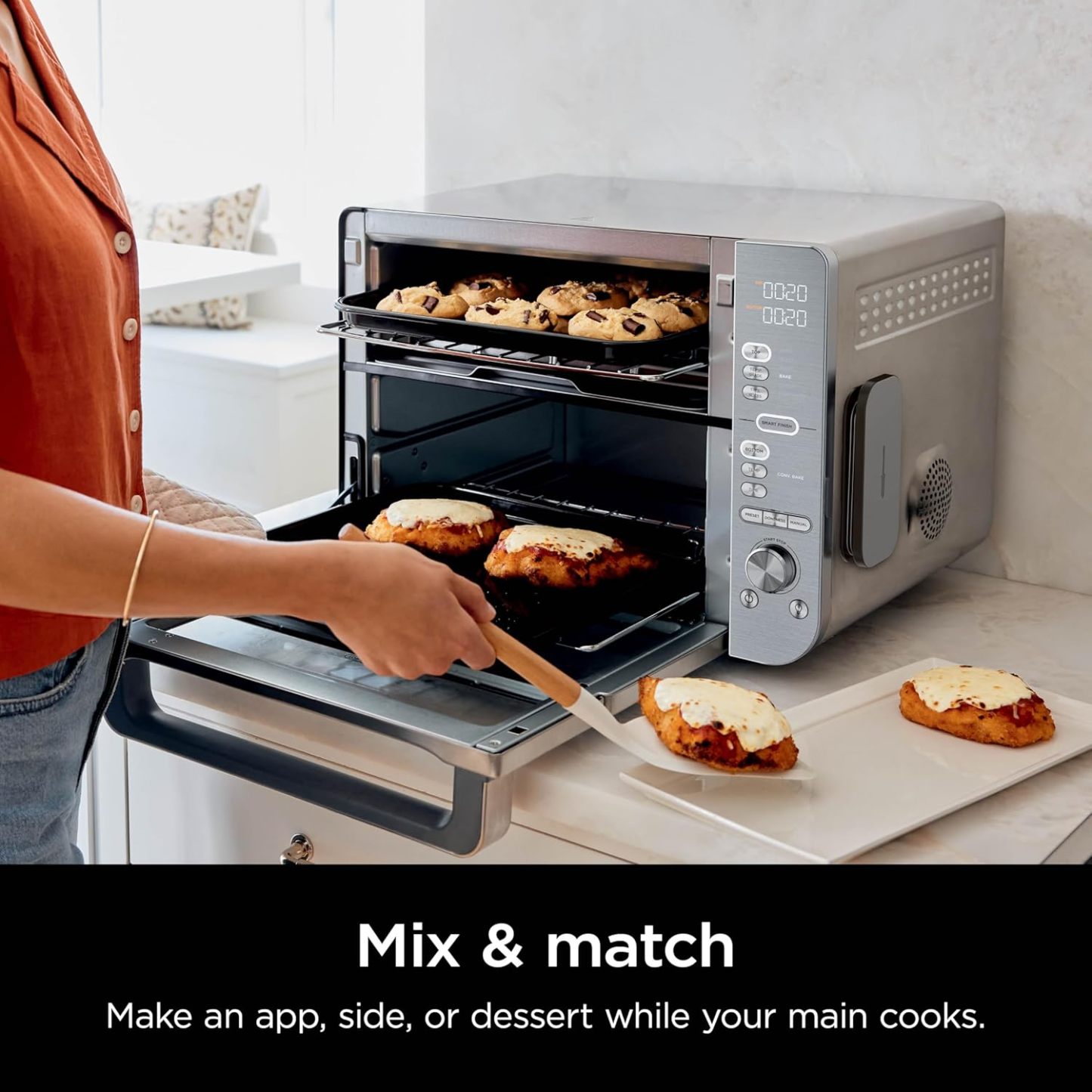 nthtinja Air Fryer & Toaster Oven | Double Stack XL | Countertop Oven | 12-in-1 Fits 4.5lb Chicken & 6lbs of Wings | SmartFinish Cook 2 Different Meals at the Same Time | Stainless Steel | DCT601