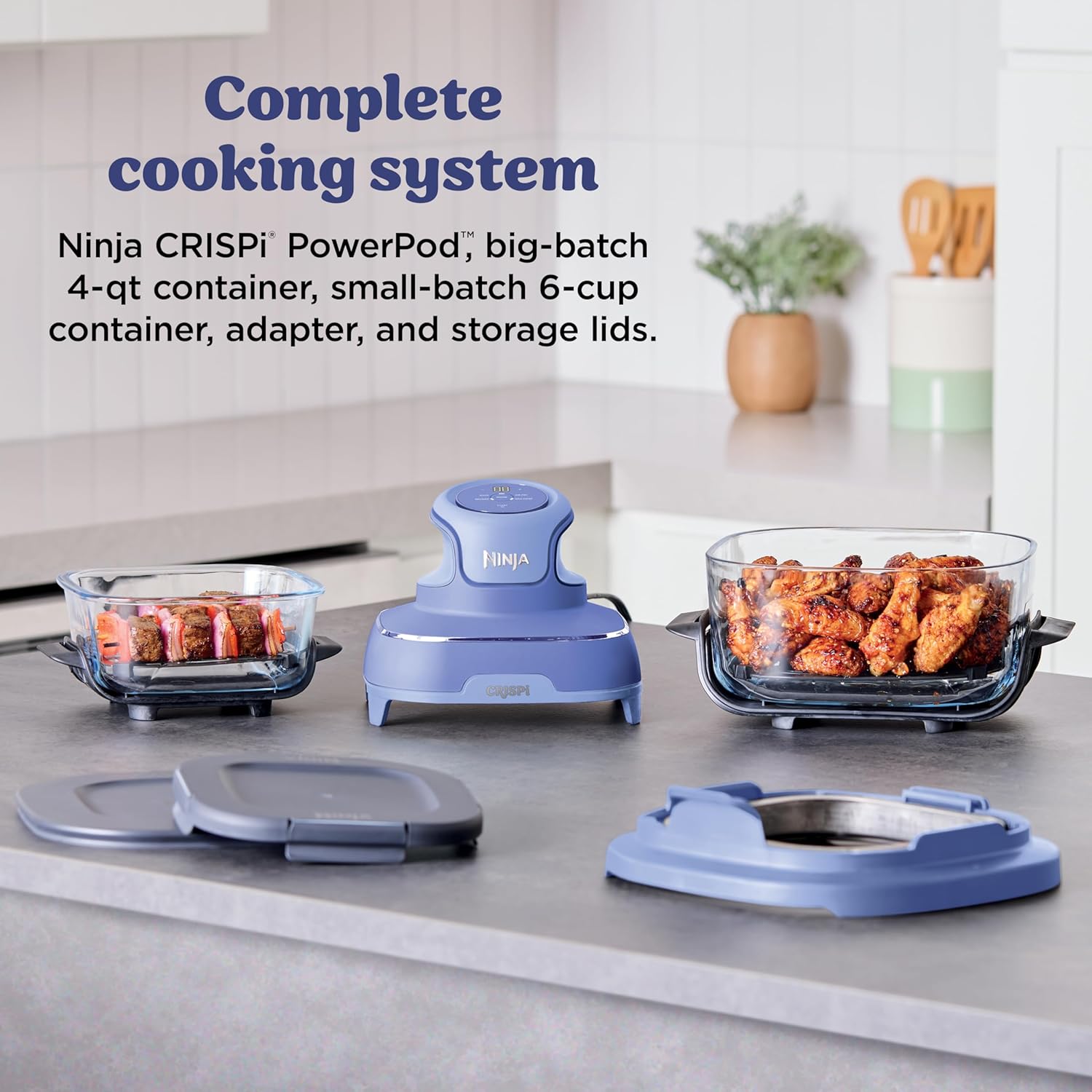 nthtinja Crispi 4-in-1 Portable Glass Air Fryer Cooking System, 1500W, 4QT & 6-Cup TempWare Glass Containers with Storage Lids, Microwave, Freezer & Dishwasher Safe, Cyberspace Gray, FN101GY