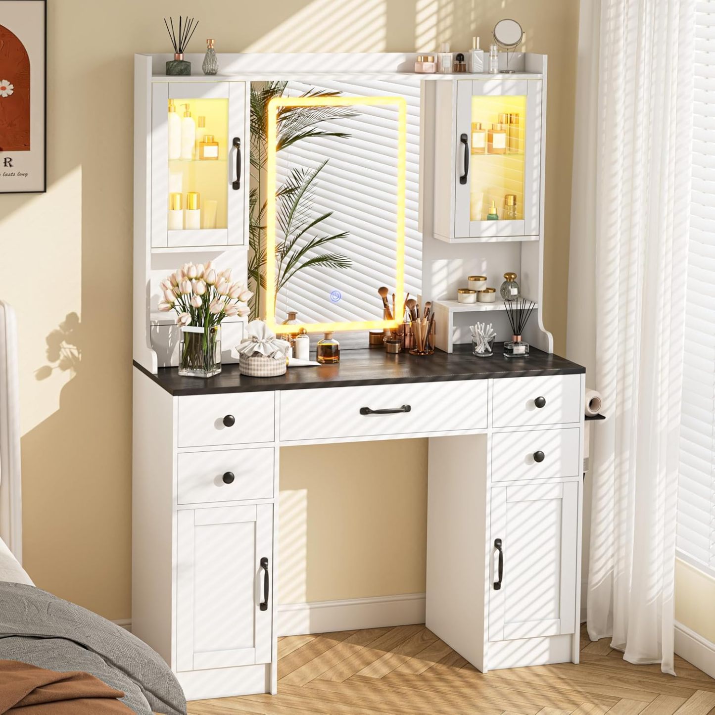 KAMABOKO 3 in 1 Vanity Desk with Mirror and LED Lights, Tall Makeup Vanity Set, Human Sensor Led Light, Charging Station & Chair, Strong Storage, Multi-Function, for Bedroom (Black)