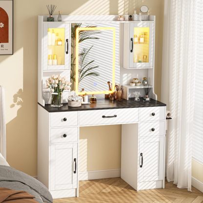 KAMABOKO 3 in 1 Vanity Desk with Mirror and LED Lights, Tall Makeup Vanity Set, Human Sensor Led Light, Charging Station & Chair, Strong Storage, Multi-Function, for Bedroom (Black)