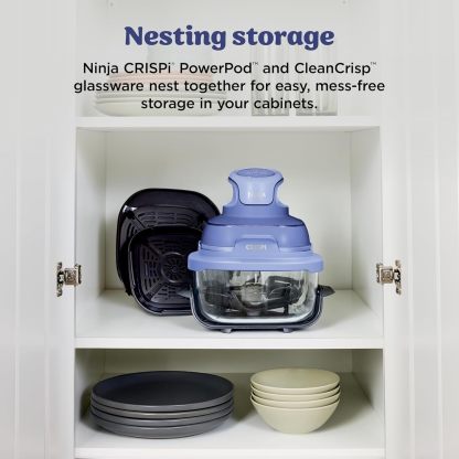 nthtinja Crispi 4-in-1 Portable Glass Air Fryer Cooking System, 1500W, 4QT & 6-Cup TempWare Glass Containers with Storage Lids, Microwave, Freezer & Dishwasher Safe, Cyberspace Gray, FN101GY