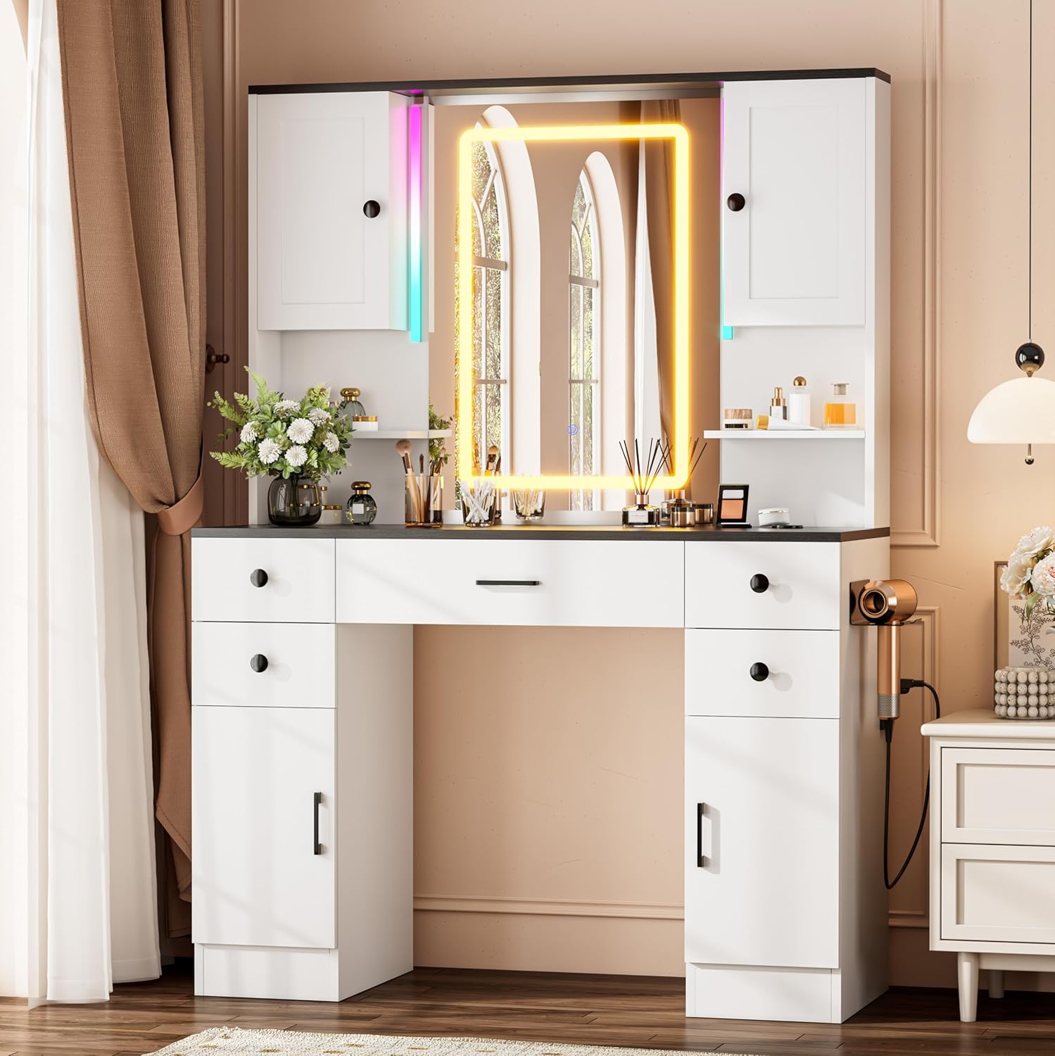 KAMABOKO 3 in 1 Vanity Desk with Mirror and LED Lights, Tall Makeup Vanity Set, Human Sensor Led Light, Charging Station & Chair, Strong Storage, Multi-Function, for Bedroom (Black)