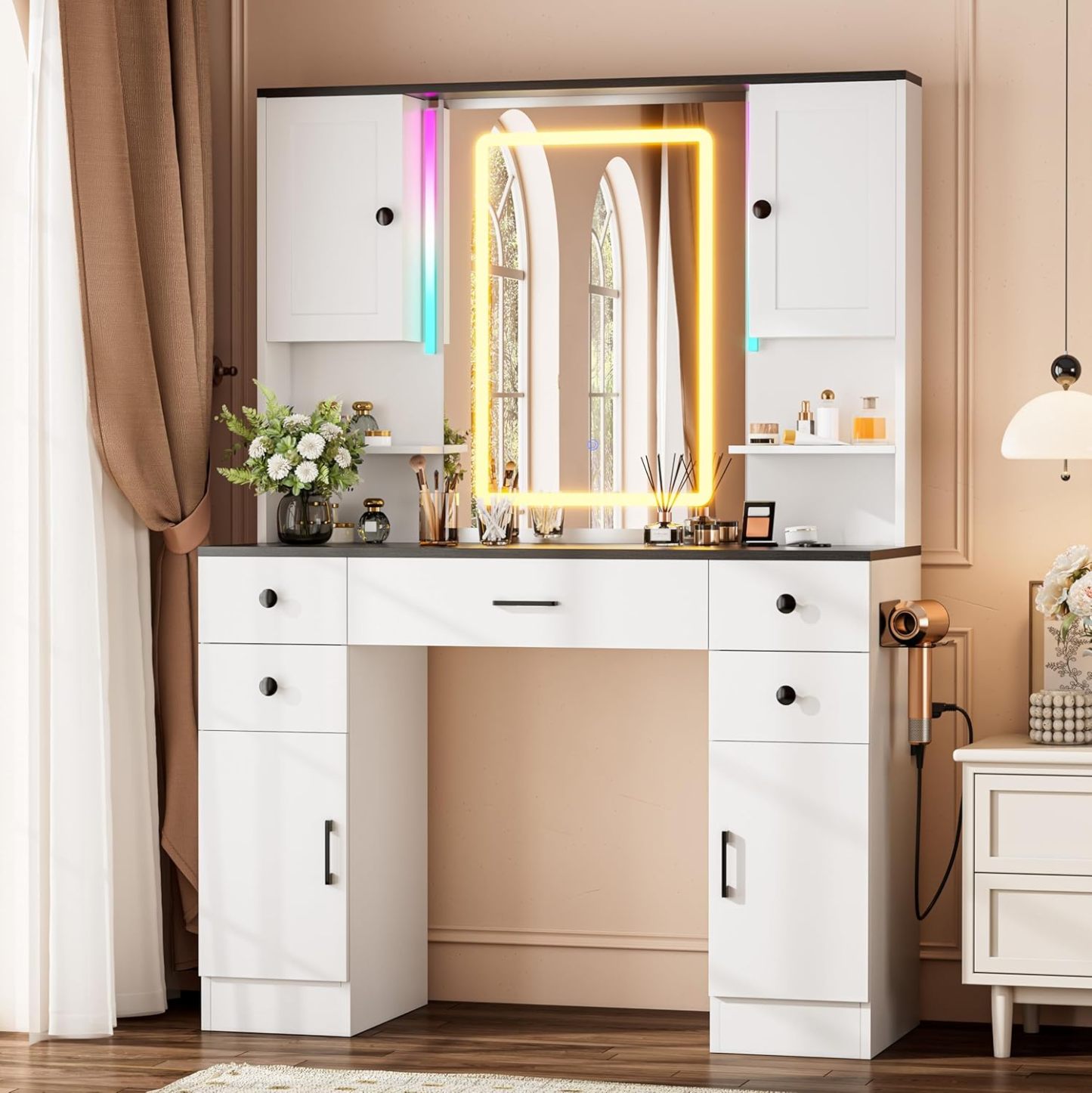 KAMABOKO 3 in 1 Vanity Desk with Mirror and LED Lights, Tall Makeup Vanity Set, Human Sensor Led Light, Charging Station & Chair, Strong Storage, Multi-Function, for Bedroom (Black)