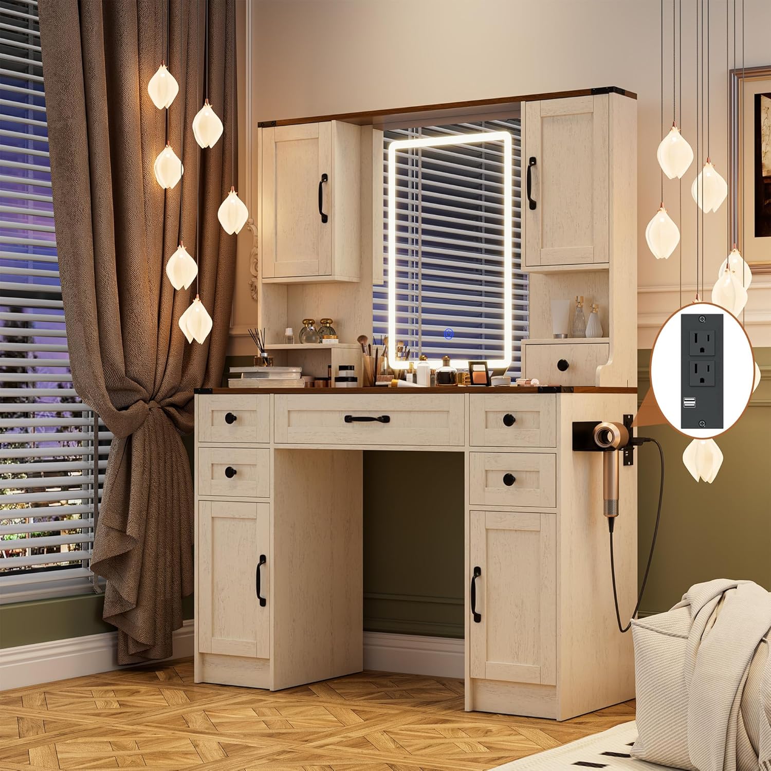 KAMABOKO 3 in 1 Vanity Desk with Mirror and LED Lights, Tall Makeup Vanity Set, Human Sensor Led Light, Charging Station & Chair, Strong Storage, Multi-Function, for Bedroom (Black)