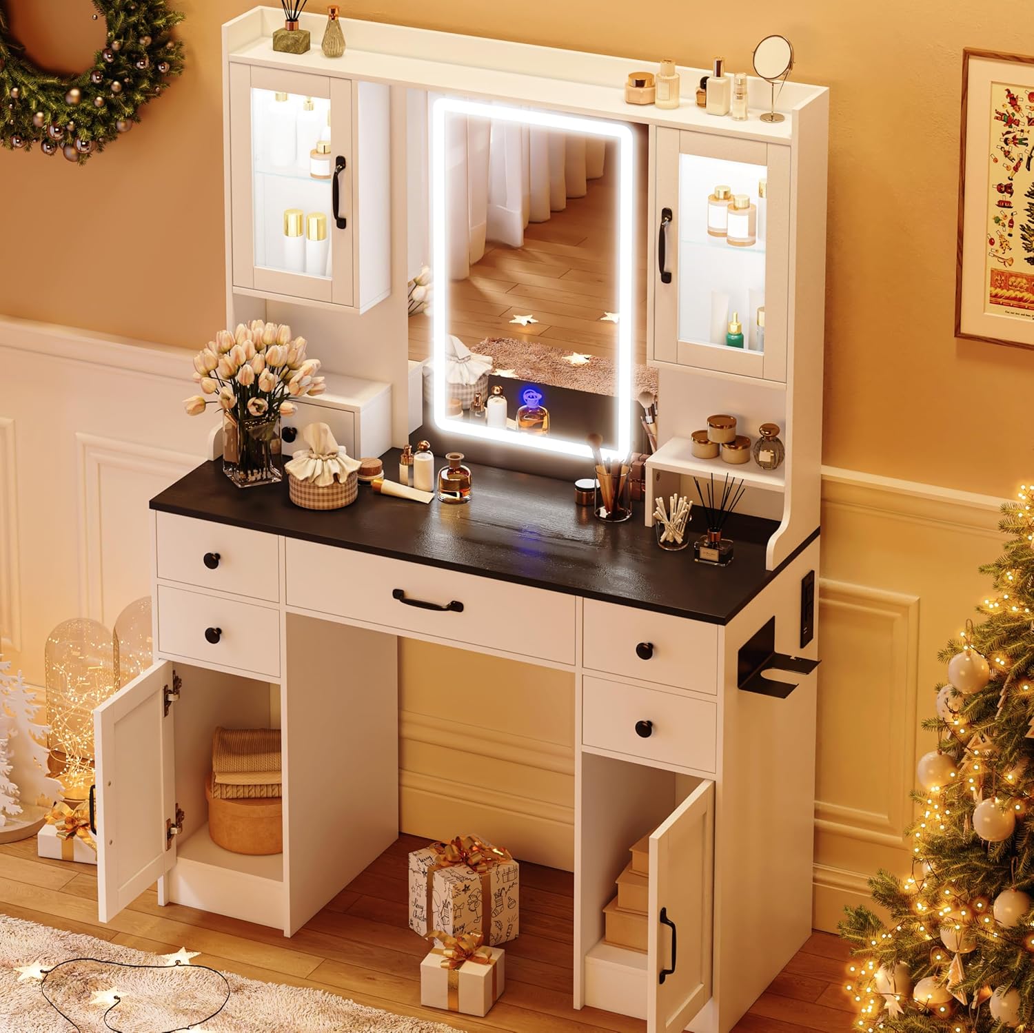 KAMABOKO 3 in 1 Vanity Desk with Mirror and LED Lights, Tall Makeup Vanity Set, Human Sensor Led Light, Charging Station & Chair, Strong Storage, Multi-Function, for Bedroom (Black)