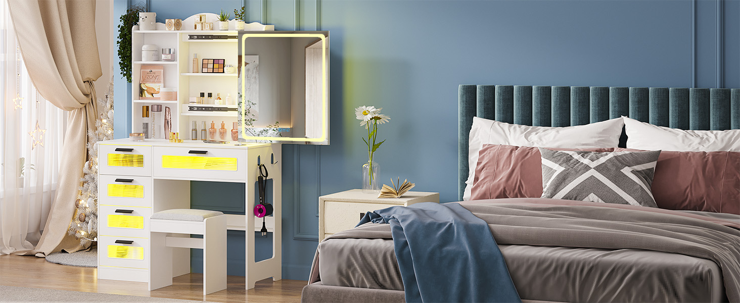 bedroom vanity with mirror and drawers.vanity with stool,vanity,vanity desk,makeup vanity