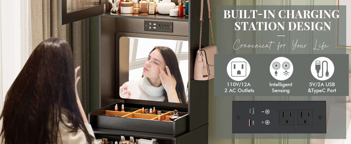 3 in 1 Small Vanity Desk with Human Sensor Led Light