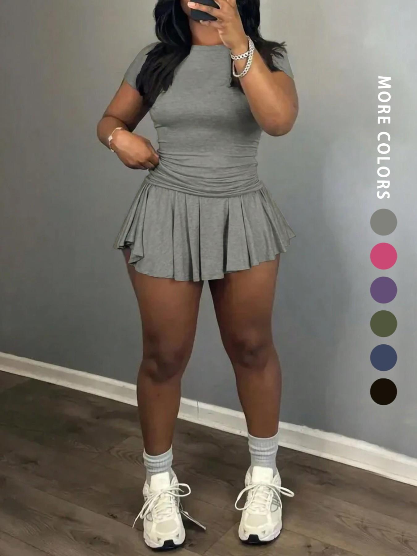 Women's Solid Color Top & Skort, Casual Fashion Cozy Round Neck Short Sleeve Tee & Skirt for Daily Outdoor Wear, Ladies Outfits for Summer, Aesthetic