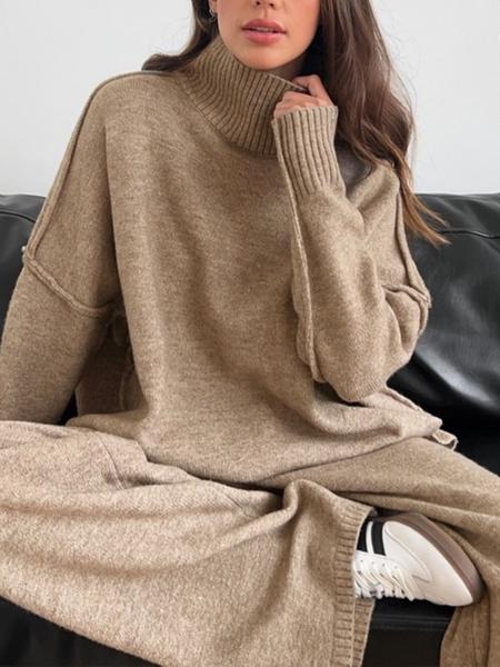 Women's 2 Pcs Sweater Set Autumn/Winter Long Sleeve Turtle Neck Drop Shoulder Solid Color Pullover Sweater and Wide Leg Pants, Women Fall Outfits, Winter 2 Piece Sweater Set, Women Pants Sweater Set, Fall Loungewear Set, Casual Sweater Set