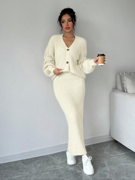 Women's Solid Button Front Sweater & Long Skirt Two-piece Set, Casual Drop Shoulder Long Sleeve Knit Top & High Waist Skirt for Daily Outdoor Wear, Women's Knitwear for Fall & Winter