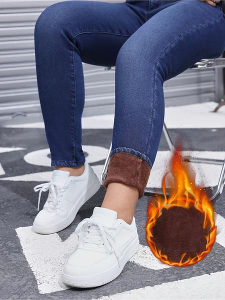 Women's Fall Winter Fleece Lined Denim Jeans, Elegant Woven Fabric, Thicken Warm Comfortable Pants, High Waist Slim Fit Design