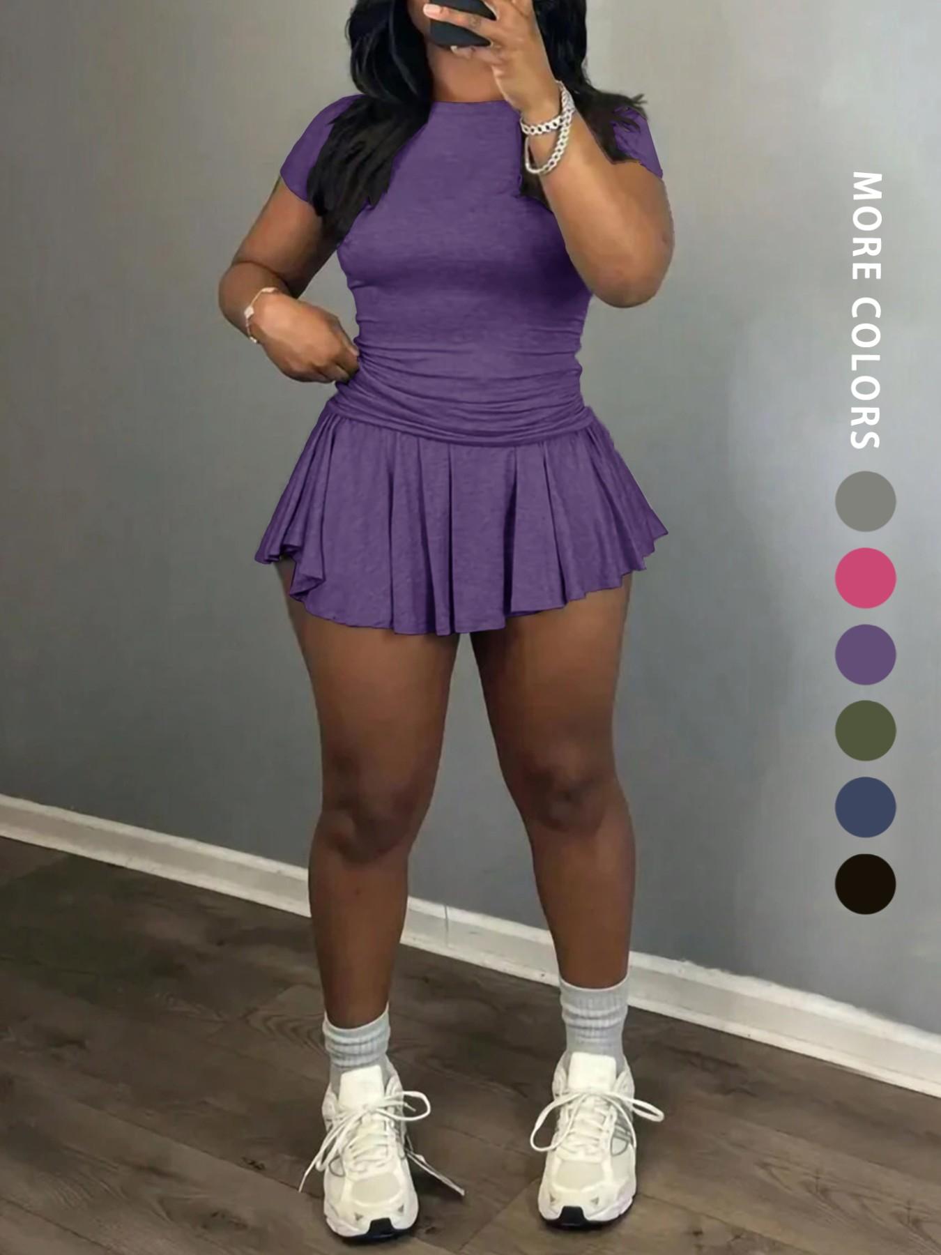 Women's Solid Color Top & Skort, Casual Fashion Cozy Round Neck Short Sleeve Tee & Skirt for Daily Outdoor Wear, Ladies Outfits for Summer, Aesthetic