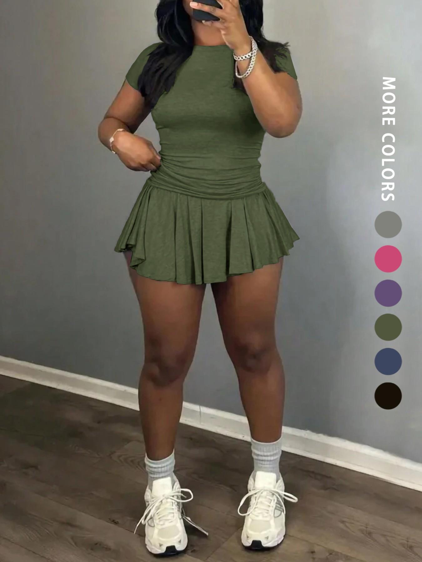 Women's Solid Color Top & Skort, Casual Fashion Cozy Round Neck Short Sleeve Tee & Skirt for Daily Outdoor Wear, Ladies Outfits for Summer, Aesthetic