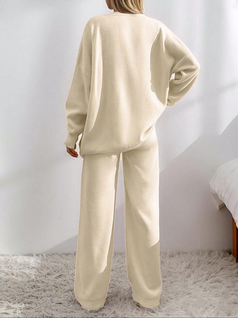 Women's Solid Button Front Drop Shoulder V Neck Cardigan & Elastic Waist Wide Leg Pants Two-piece Set, Casual Fashion Cozy Knitwear Set for Daily Outdoor Wear, Women's Knitwear for Fall & Winter