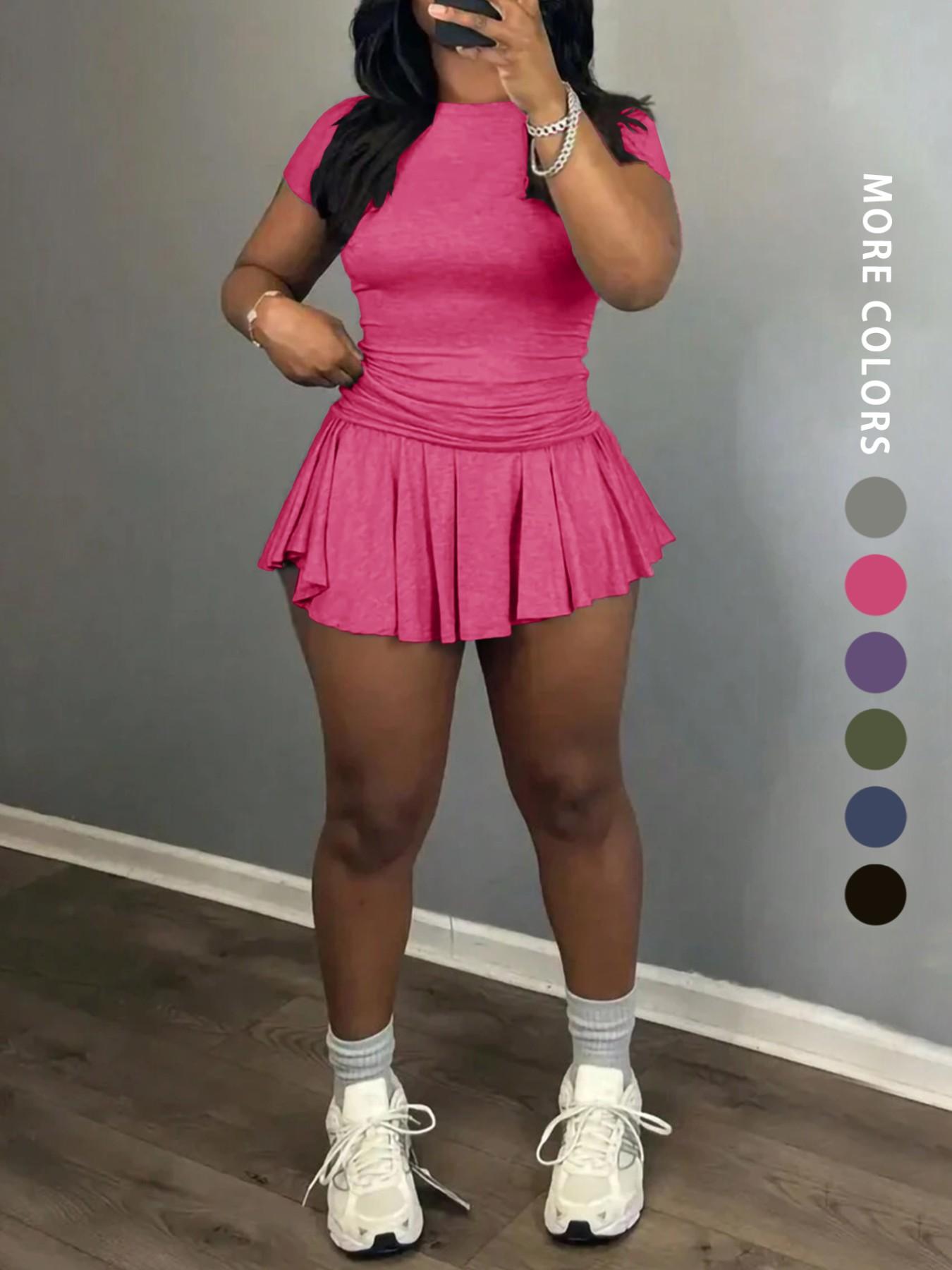 Women's Solid Color Top & Skort, Casual Fashion Cozy Round Neck Short Sleeve Tee & Skirt for Daily Outdoor Wear, Ladies Outfits for Summer, Aesthetic