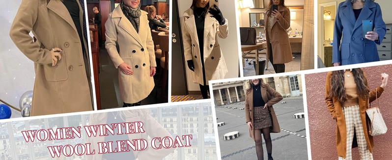 SCUSTY Women Winter Wool Blend Camel Mid-Long Coat Notch Double-Breasted Lapel Jacket Outwear