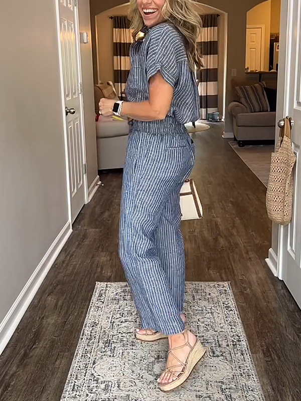 ⏰ LAST DAY SAVE 50% 💥Cotton Linen Striped Classic Pocket Shirt Set