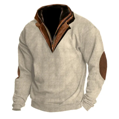 Men's Outdoor Casual Zip Polo Stand Collar Long Sleeve Sweatshirt Double Layer Lapel Fur Leather Collar Pullover