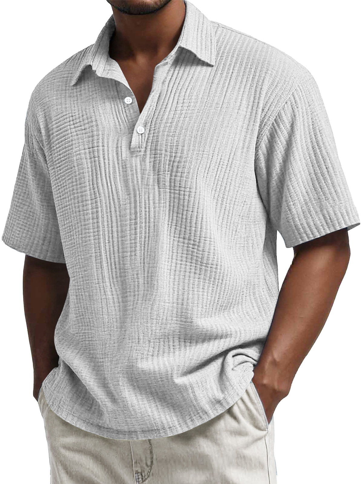 Men's Daily Pleated Texture Lapel Button Casual Short Sleeve POLO Shir