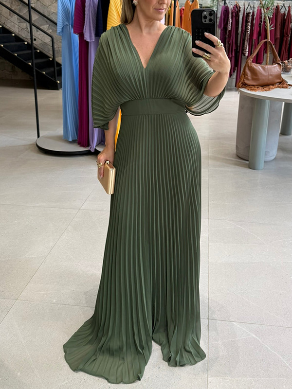 NEW🔥 V Neck Chiffon Back Tie Zipper Bat Sleeve Dress- Tax Free