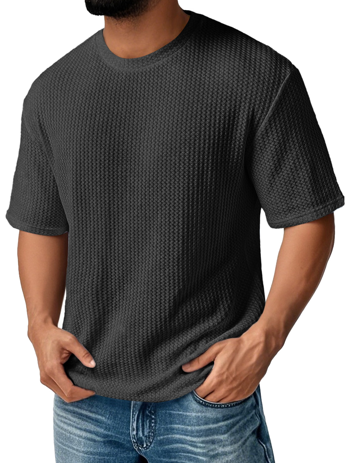 Men's Daily Round Neck Waffle Casual Solid Color Comfortable Short Sle