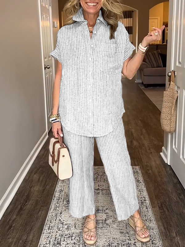 ⏰ LAST DAY SAVE 50% 💥Cotton Linen Striped Classic Pocket Shirt Set