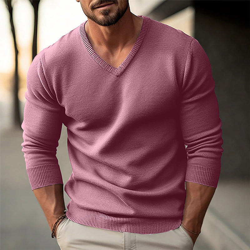 Men's solid color V-neck long-sleeved knitted pullover sweater