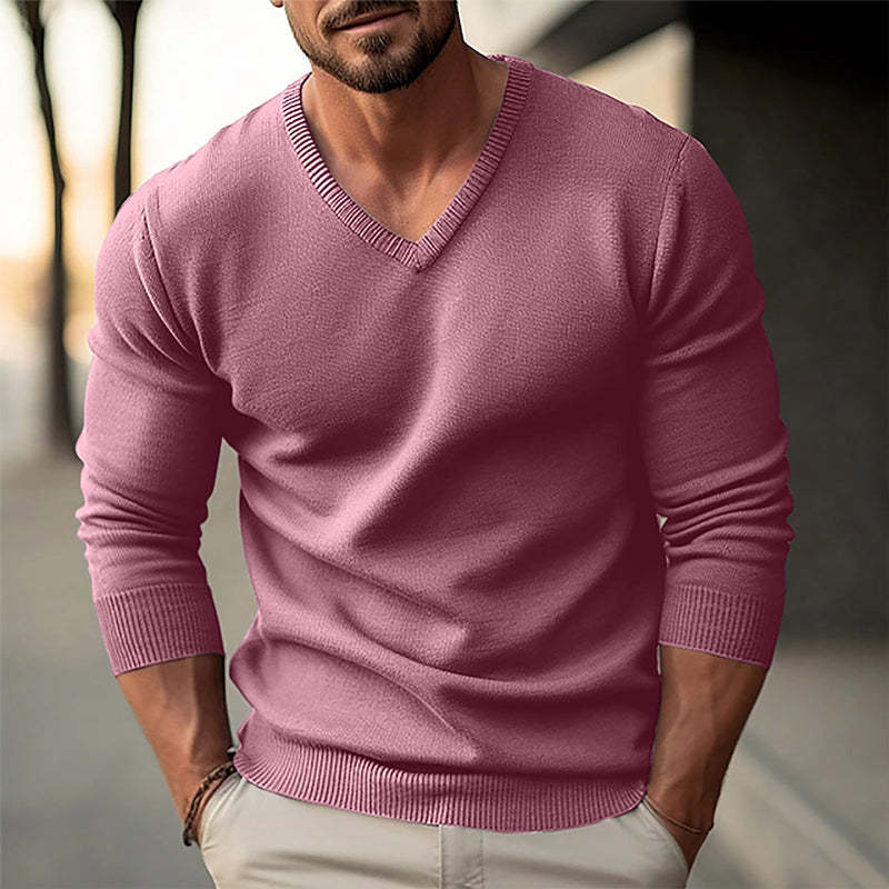 Men's solid color V-neck long-sleeved knitted pullover sweater