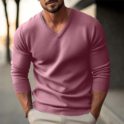 Men's solid color V-neck long-sleeved knitted pullover sweater