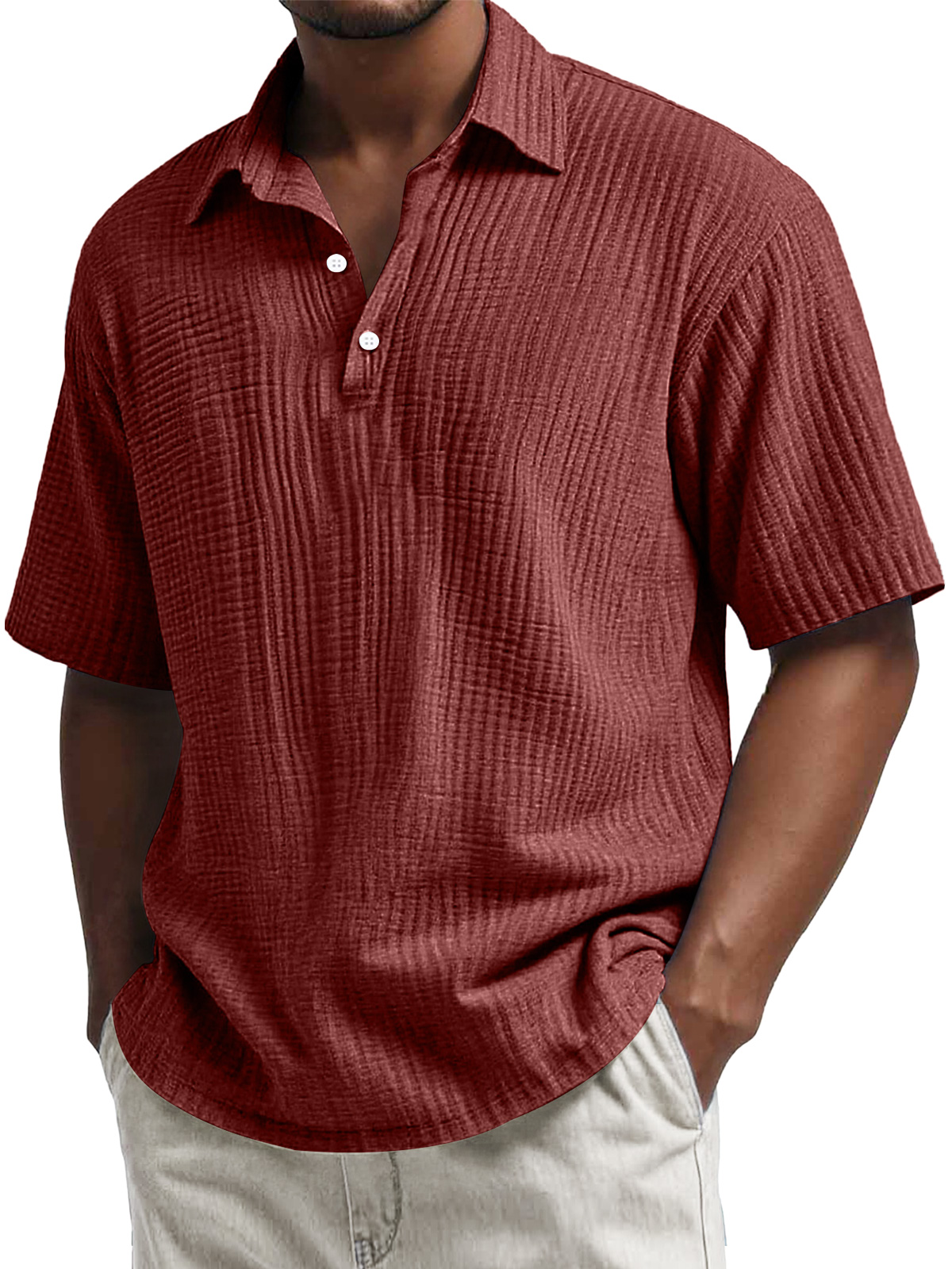 Men's Daily Pleated Texture Lapel Button Casual Short Sleeve POLO Shir