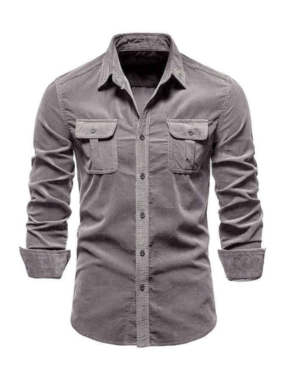 Men's Casual Corduroy Double Pocket Solid Color Long Sleeve Shirt