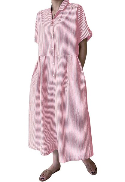 Women's Cotton Striped Shirt Dress Button Up Short Sleeve Midi Long Shift Dress with Pockets(Buy 2 free shipping)