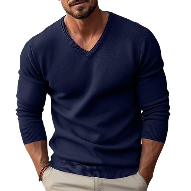 Men's solid color V-neck long-sleeved knitted pullover sweater
