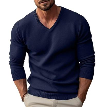 Men's solid color V-neck long-sleeved knitted pullover sweater