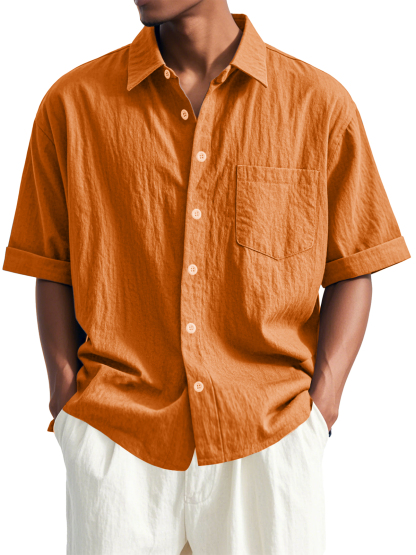 Men's Fashion Casual Pleated Fabric Short Sleeve Lapel Pocket Shirt