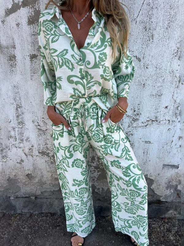 Women's Fashion Two Piece Printed Lapel Button-Down Shirt and Wide-Leg