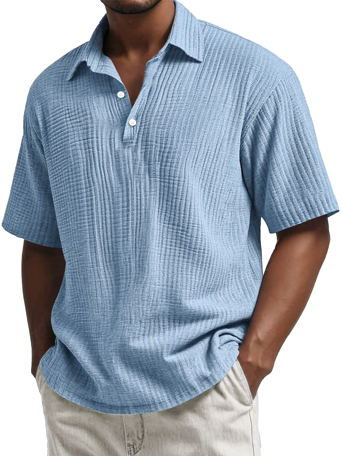 Men's Daily Pleated Texture Lapel Button Casual Short Sleeve POLO Shir